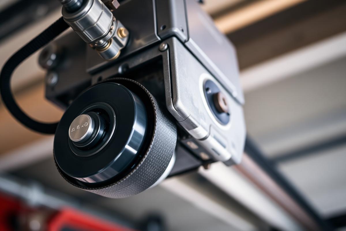 Professional technician repairing garage door motor opener mounted on ceiling