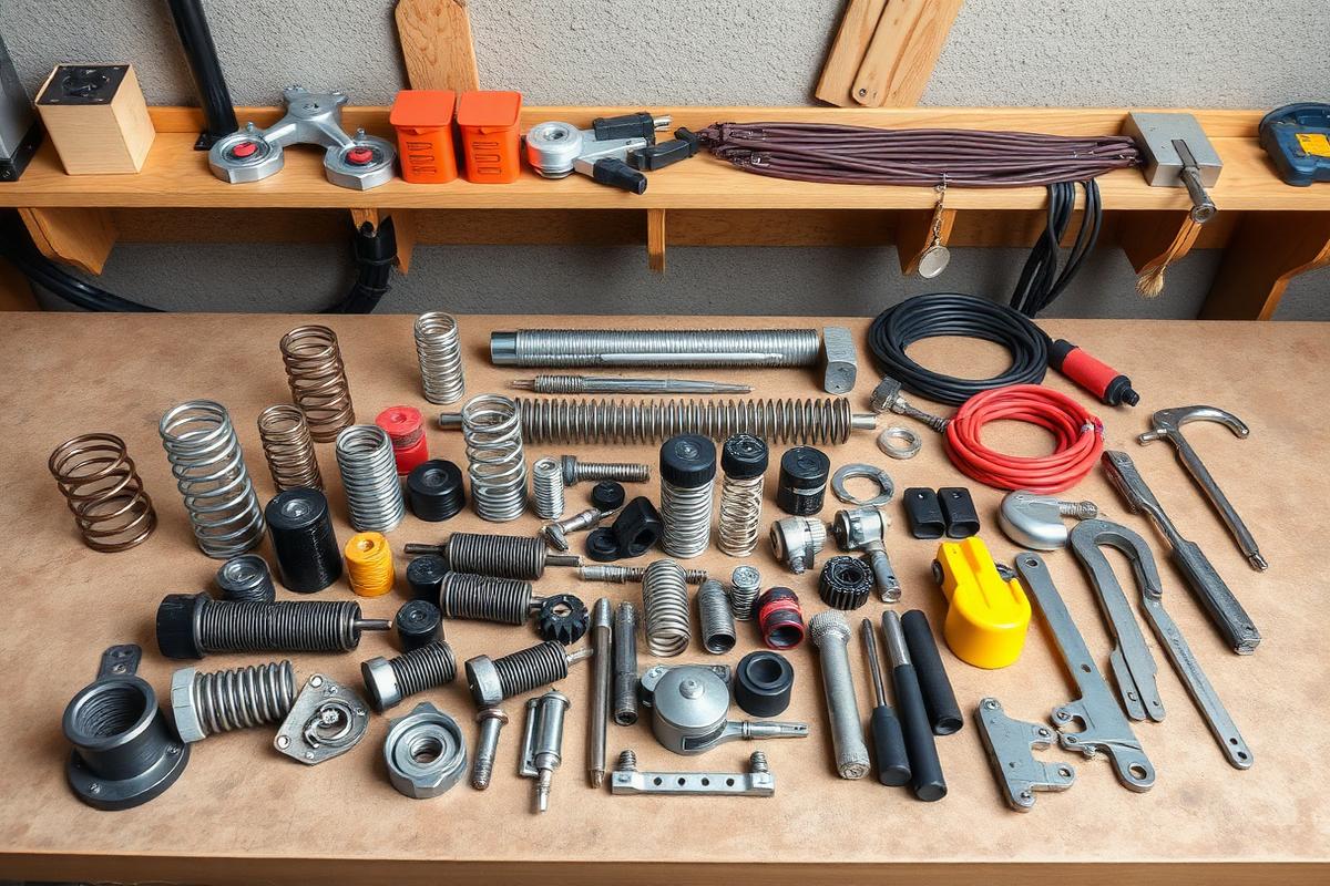 Garage door parts including springs, cables, rollers, and hinges laid out for repair
