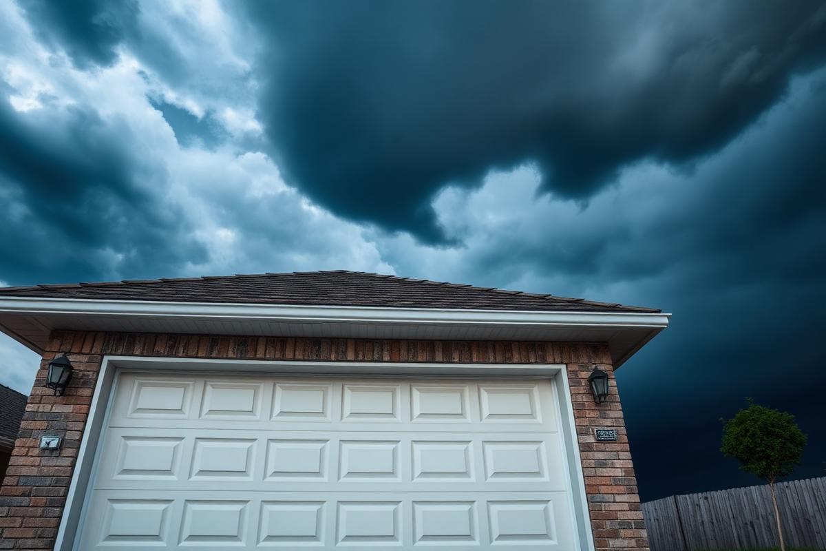 Reinforced garage door with storm bracing system installed for weather protection