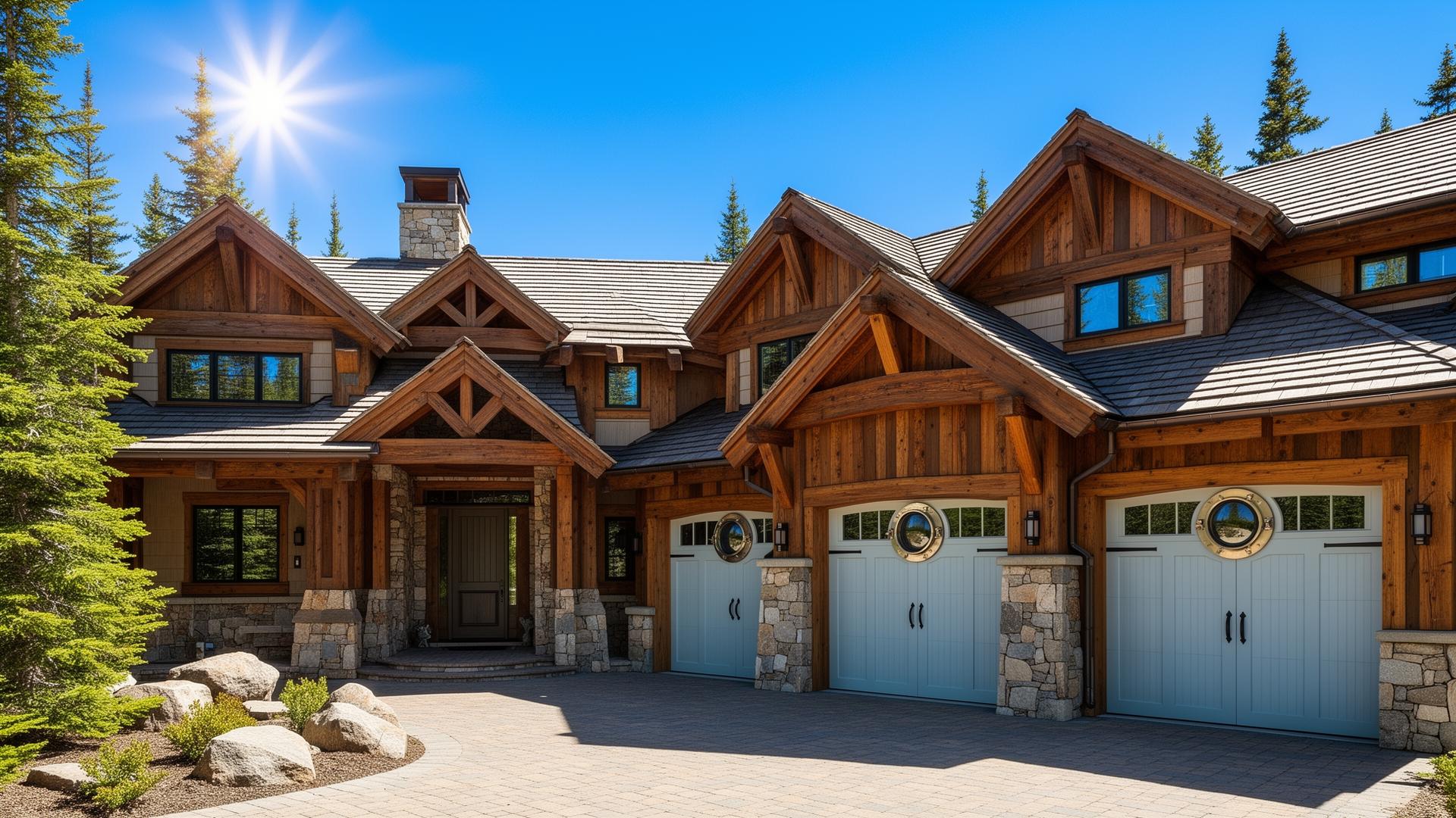 Beautiful mountain lodge home with coastal style garage doors and porthole windows in Newton Falls Ohio