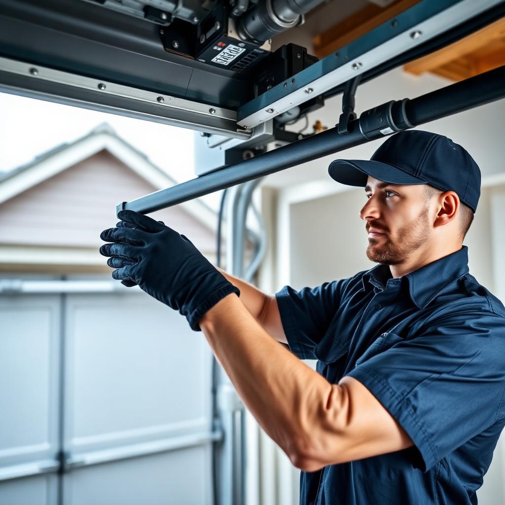 Experienced garage door technician performing spring repair on residential garage door in Newton Falls Ohio